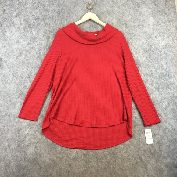 Style Co Top 2X Cowl Neck Long Sleeve Solid Red Waffle Knit High Low Christmas - Picture 1 of 15